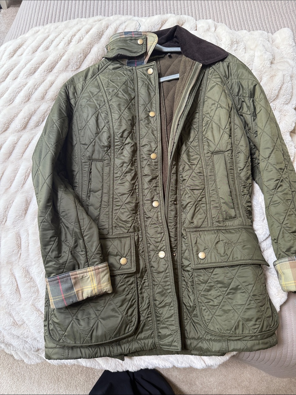 Barbour Olive Green Quilted Puffer Jacket with Cord Collar
